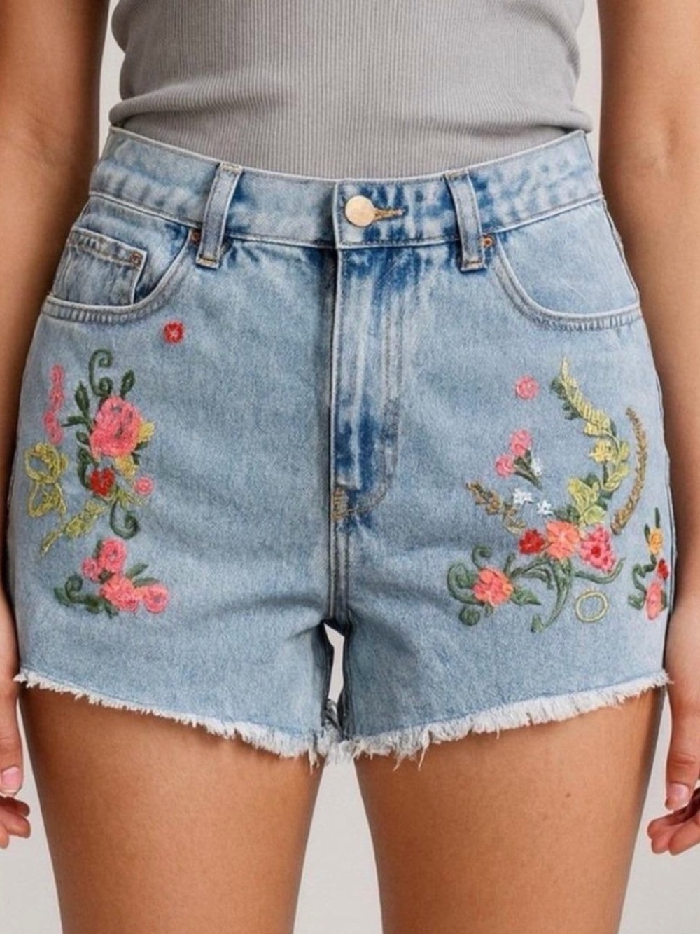 ROMWE Light Blue Embroidered Denim Shorts with Floral Detail